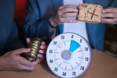 Twee mensen met raadsels in een escaperoom, vooraan staat een klok in beeld