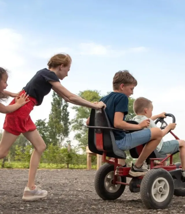 Kinderen duwen andere kinderen op een gocart