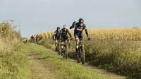 Mountainbikers rijden door de velden